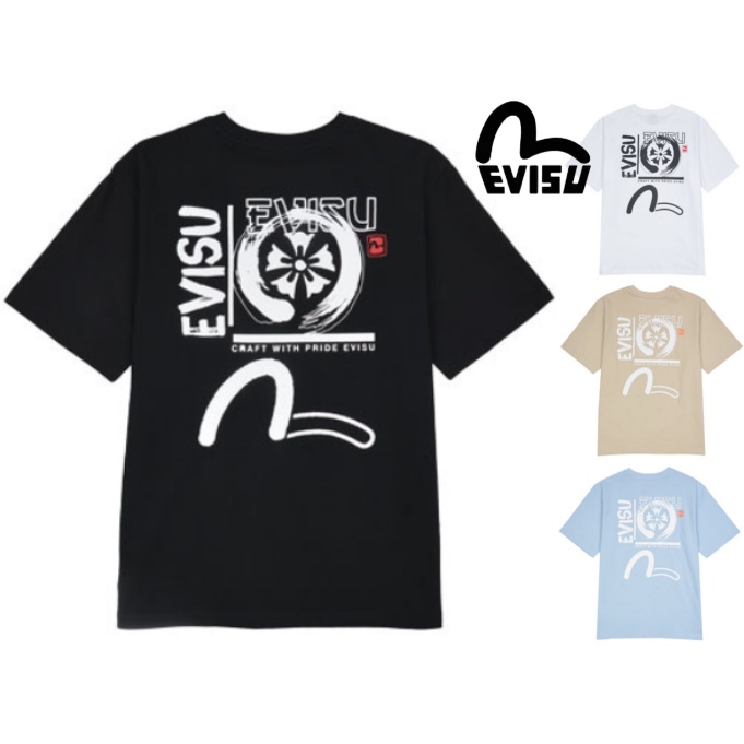 [EVISU KOREA] 100％ Authentic Unisex Backboard multiple logo loose fit Short-sleeve T-shirt