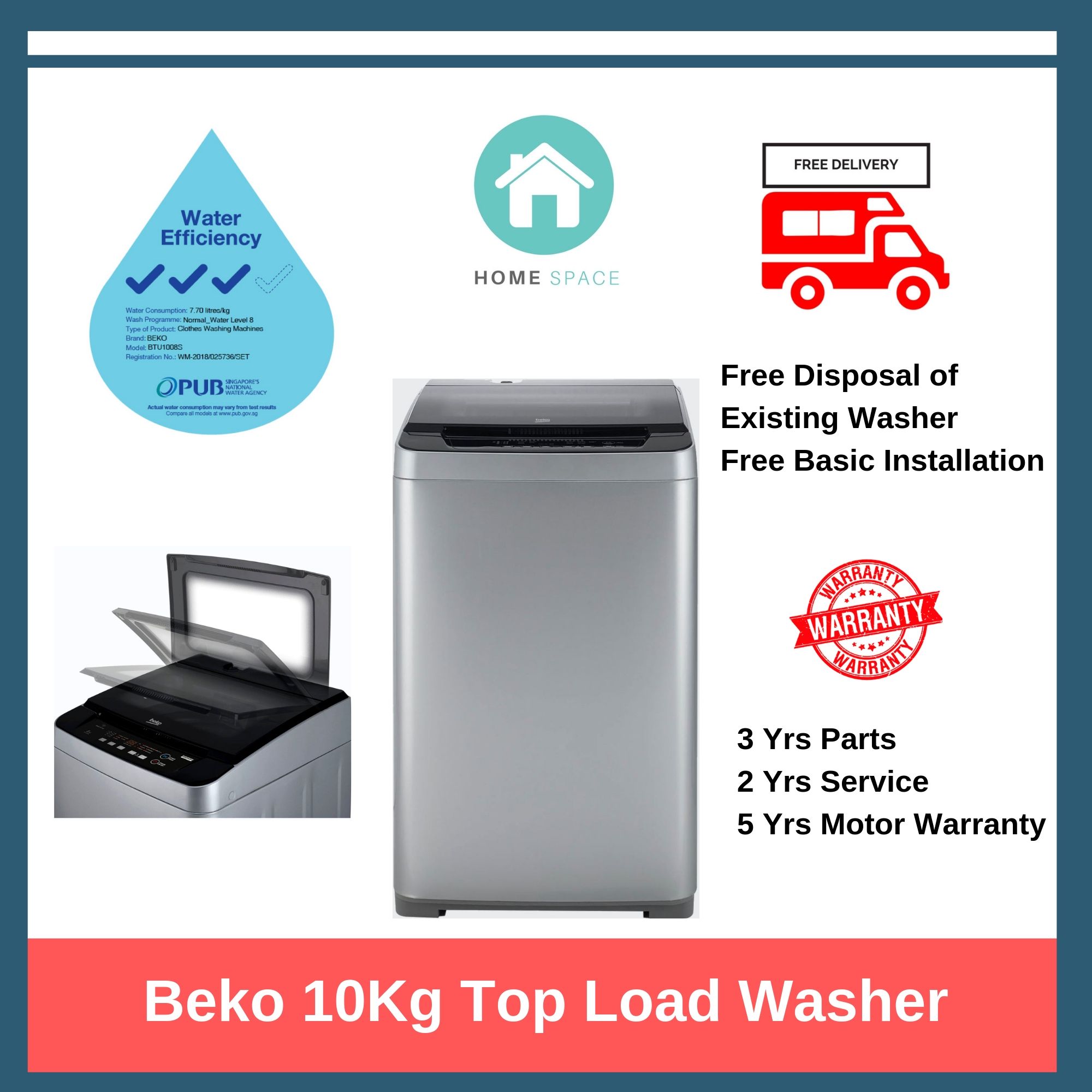 Beko 10Kg Top Load Washer (BTU1008S) - 3 ✓ ✓ ✓ + FOC Delivery, Basic Installation