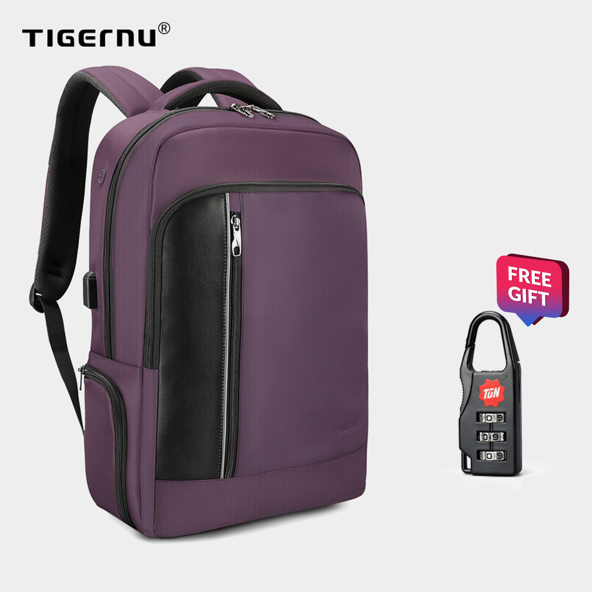 Tigernu Brand High  Quality  Anti Theft Water Repellent Nylon 15.6 inch Laptop Backpack Business Travel  bag for man Schoolbag Black&Purple