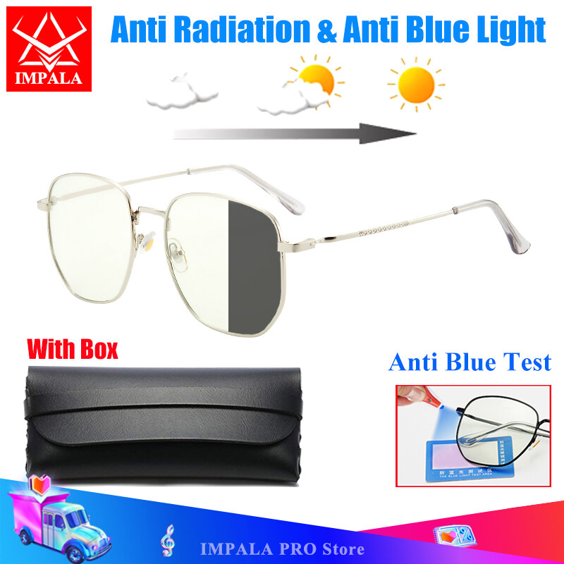 IMPALA FL1851P Fashion Anti Blue Light Glasses for Men Women Filter Lens Anti Radiation Photochromic Glasses Multifunctional Optical Filter Block Blue Light Change Color Sunglasses UV Protection with 