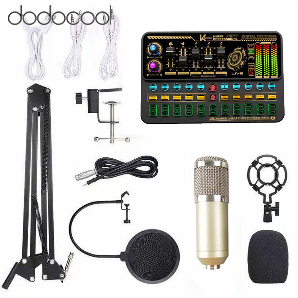 dodocool [New Arrival] Multifunctional Live SK500 Sound Card and BM800 Suspension Microphone Kit Broadcasting Recording Condenser Microphone Set Intelligent Voice Changer Device Audio Mixer for Comput