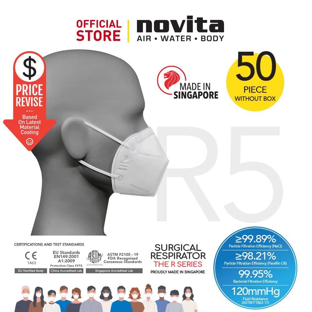 [50pcs WITHOUT box] 5-Ply | Made in Singapore | CE 1463 | FFP2 NR | novita Surgical Respirator R5 Earband