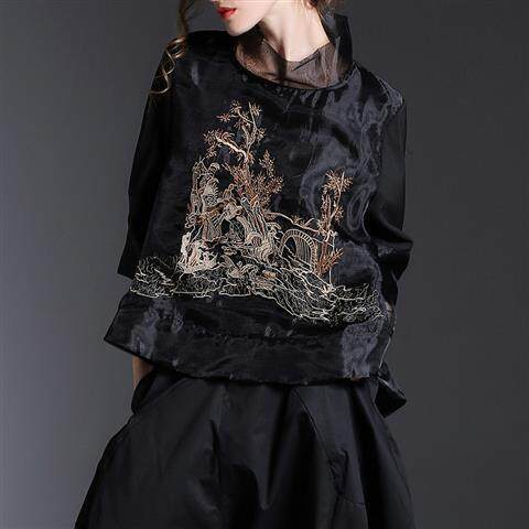 Chinese New Fashion Runway Shirt Chic Embroidered Loose Gauze Shirt Elegant Women's Stand Collar Retro Shirt Tops Quality