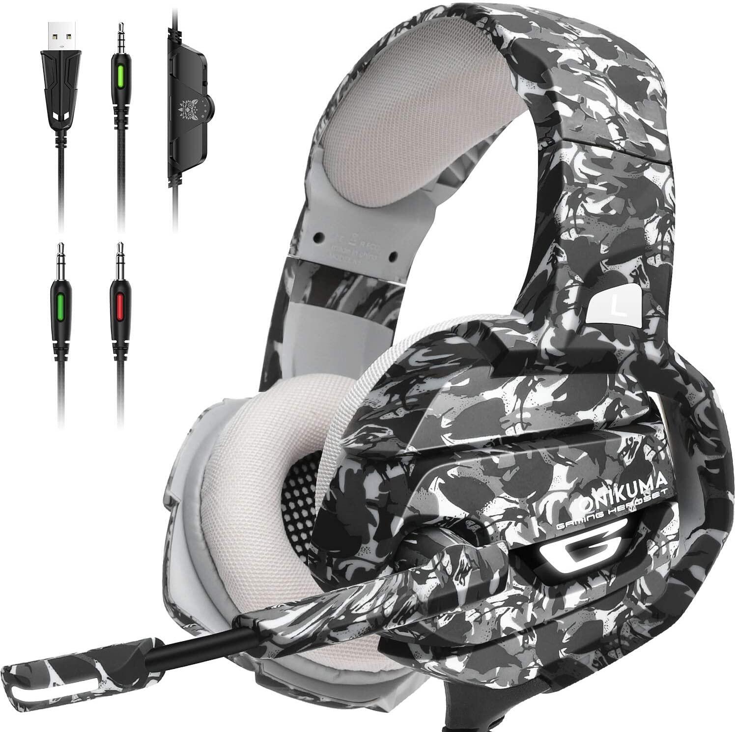 ONIKUMA K5 Camouflage Gaming Headset 7.1 Surround Sound PS4 Headset, 50MM Driver PC Headsets with Noise Canceling Mic & LED Light, Over Ear Earmuffs Gaming Headphones for Phone PUBG Laptop