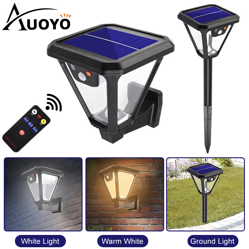 Auoyo LED Solar Wall Light Outdoor White Warm White Solar Motion Sensor Wall Ground Light Street Lamp IP65 Waterproof Adjustable 3 Modes Garden Decoration Street Lamp with Remote Control