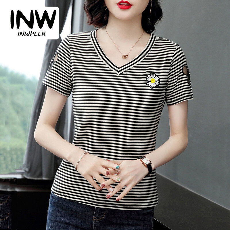 INWPLLR Women Tshirts Daisy Embroidery T-Shirts Fashion V-Neck Stripe Tops Ladies Flower Hollow Short Sleeve Top Tees Large Size