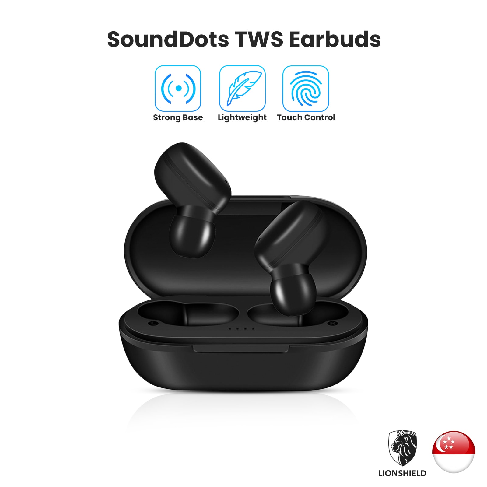 [SG] LionShield SoundDots True Wireless Earbuds - TWS Bluetooth 5.0 Earphone Headset with Mic – [280mAh Auto Charging Box] – Water Resistant IPX5, Stereo HD, 7.2mm Dynamic Driver Lightweight Binural E