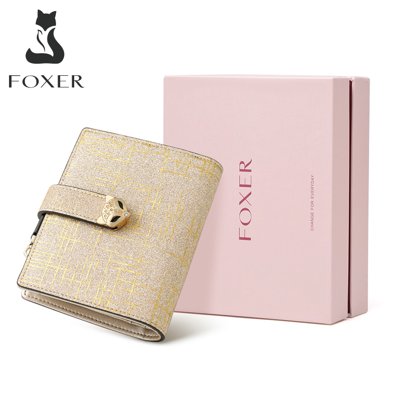 Foxer Lady Fashion Money Wallet Women Chic Small Coin Pocket Female Luxury Split Leather Money Purse Shine Multi-function Wallet
