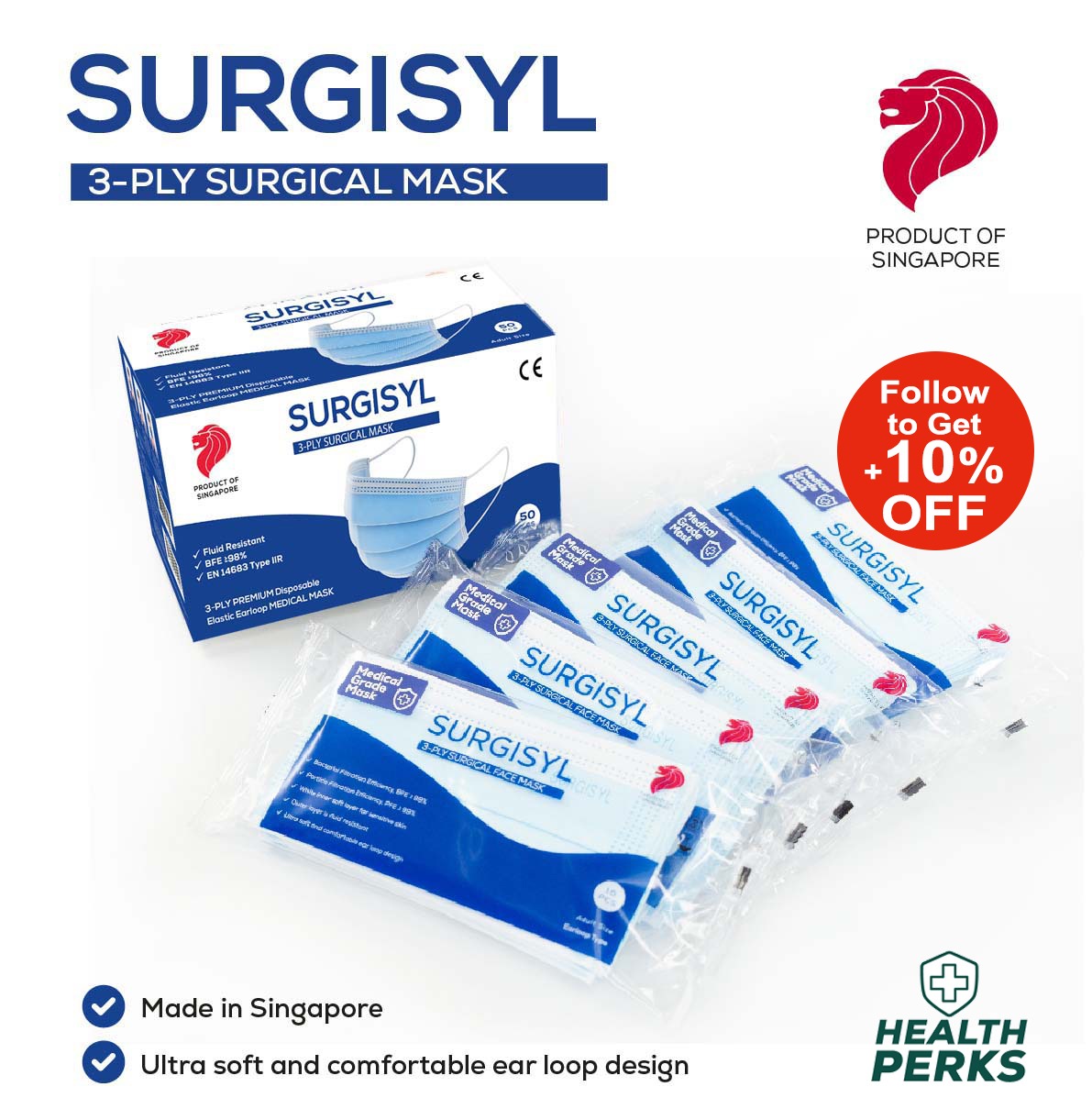 Surgisyl 3 Ply Disposable Face Mask Adult (Exp: Oct 2025)
