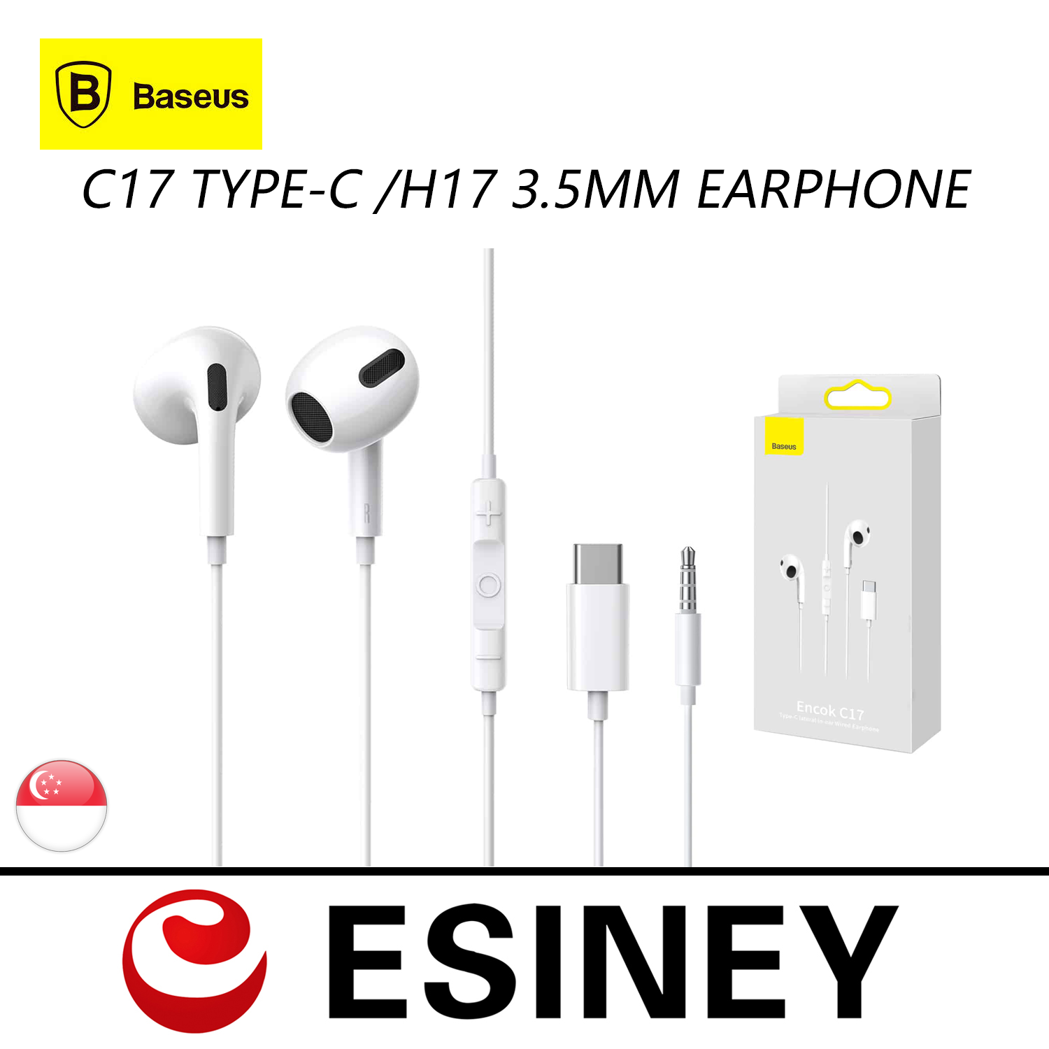 Baseus Encok H17 3.5mm /C17 Type-C Wired In-Ear Lateral Earphone Earpiece Headset Headphone Volume Control Mic