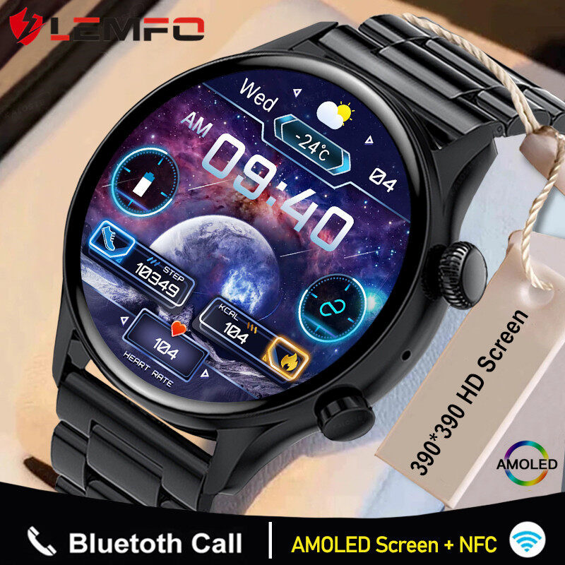 LEMFO NFC Smart Watch AMOLED 390*390 Screen Bluetooth Call Music Player Heart Rate Monitor IP68 Waterproof Sports Smartwatch for Men Women Android iOS