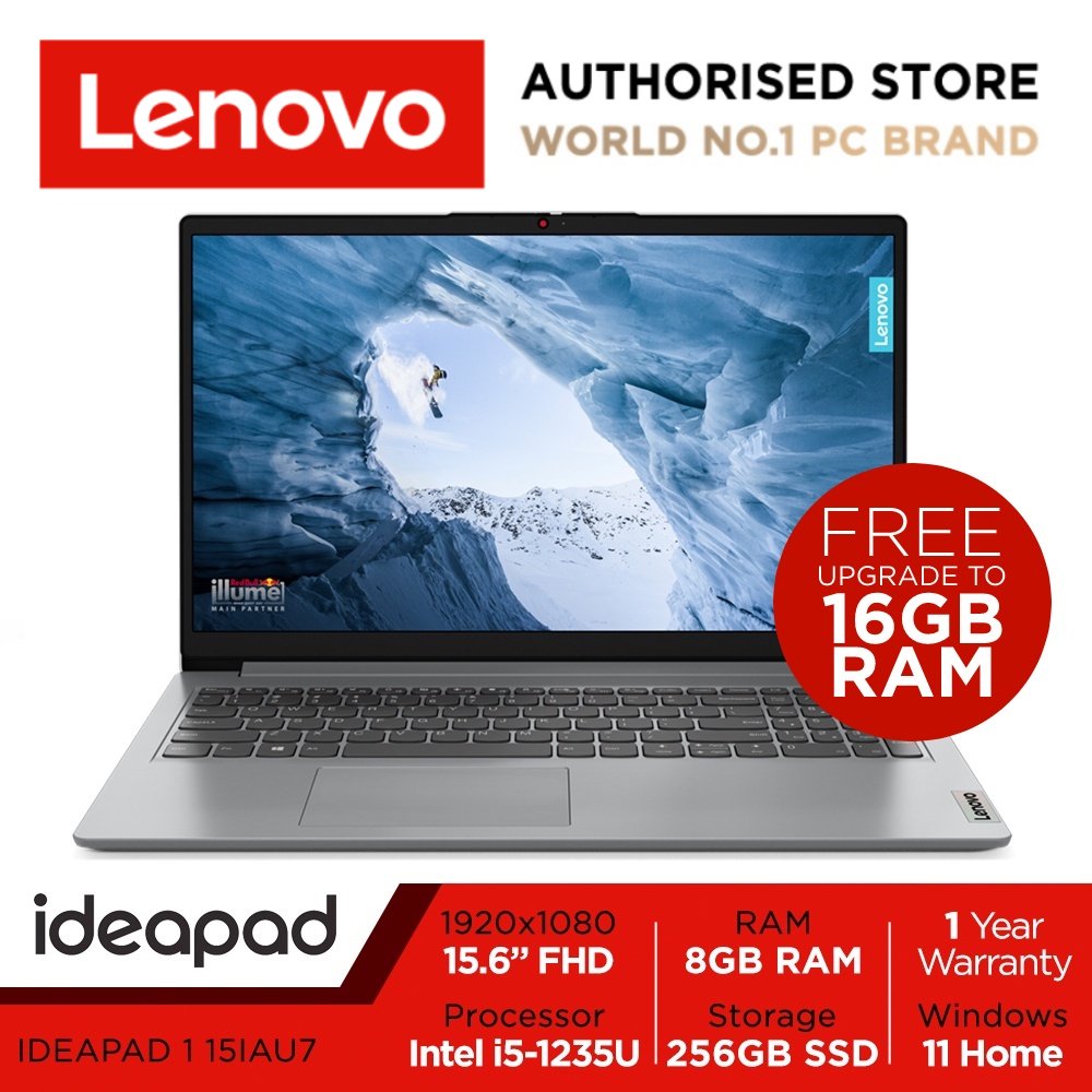 Lenovo IdeaPad 1 15IAU7 | 82QD0007SB | 15.6" FHD (1920x1080) | Intel Core i5-1235U | 8GB DDR4-3200 | 256GB SSD | Win11 Home | 1Y Lenovo Warranty