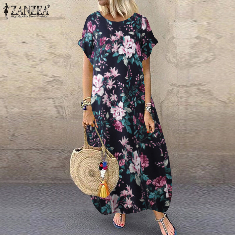 ZANZEA Womens Summer Short Sleeve Dress Casual Loose Retro Floral Printed Midi Sundress