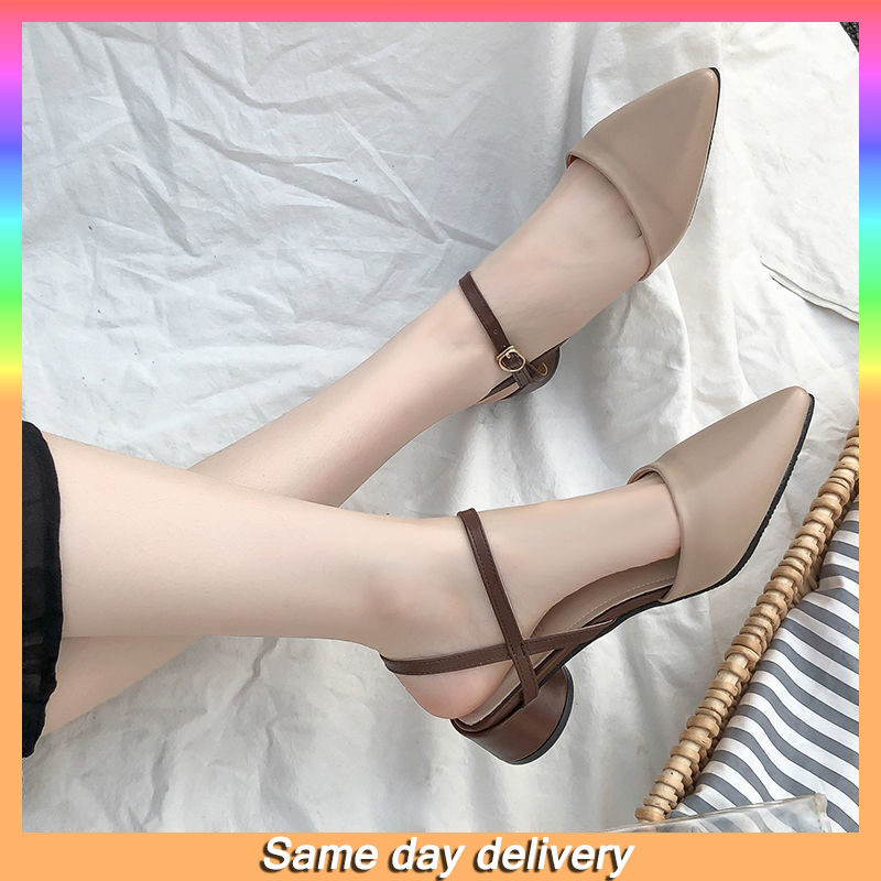 Pointed Slotted Buckle Sandals with Thick Heels