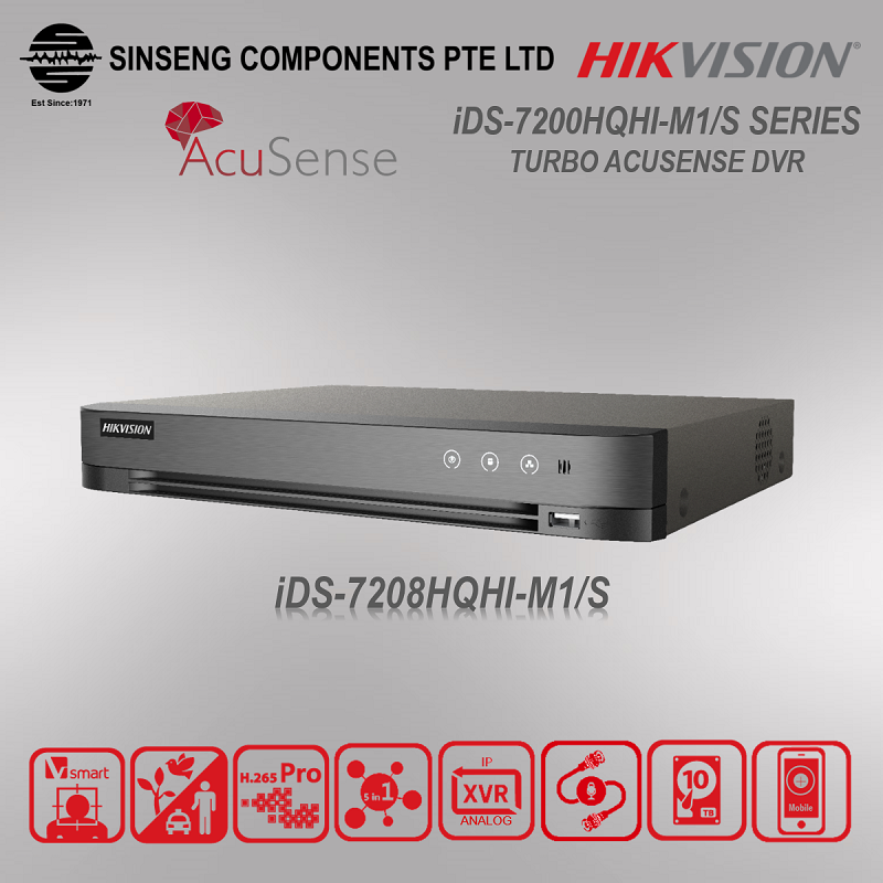Hikvision Turbo AcuSense 8CH DVR iDS-7208HQHI-M1/S H.265 Pro+/H.265/H.264+/H.264 4MP/2MP/1MP/960H AHD/TVI/CVI/CVBS/IP 8CH Digital Video Recorder App:Hik-Connect