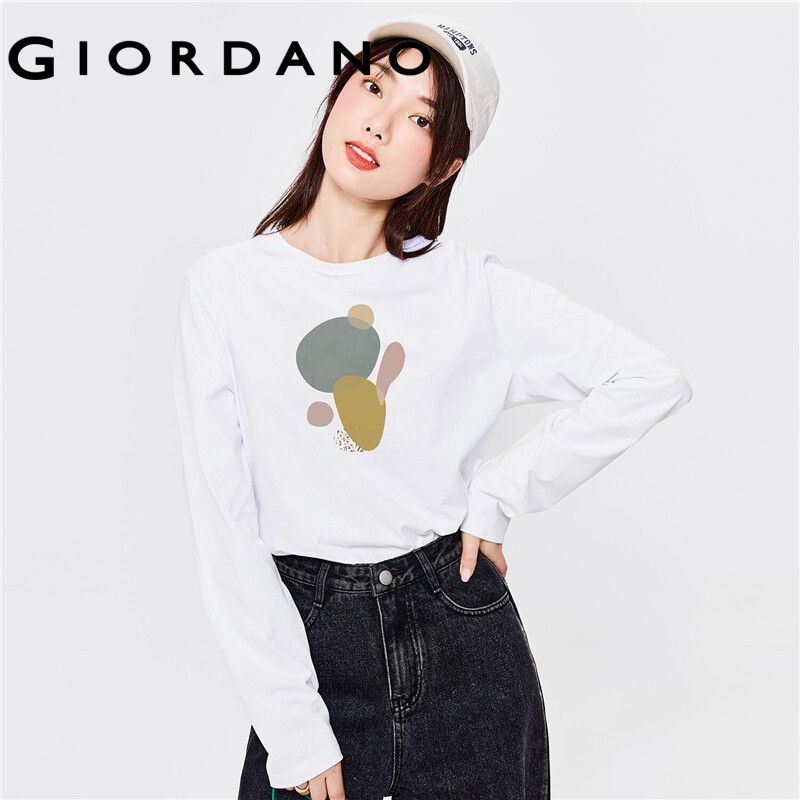 GIORDANO Women Huaxiansheng Series T-Shirts Crewneck 100% Cotton Fashion Tee Simple Print Long Sleeve Casual T-Shirts 99392188
