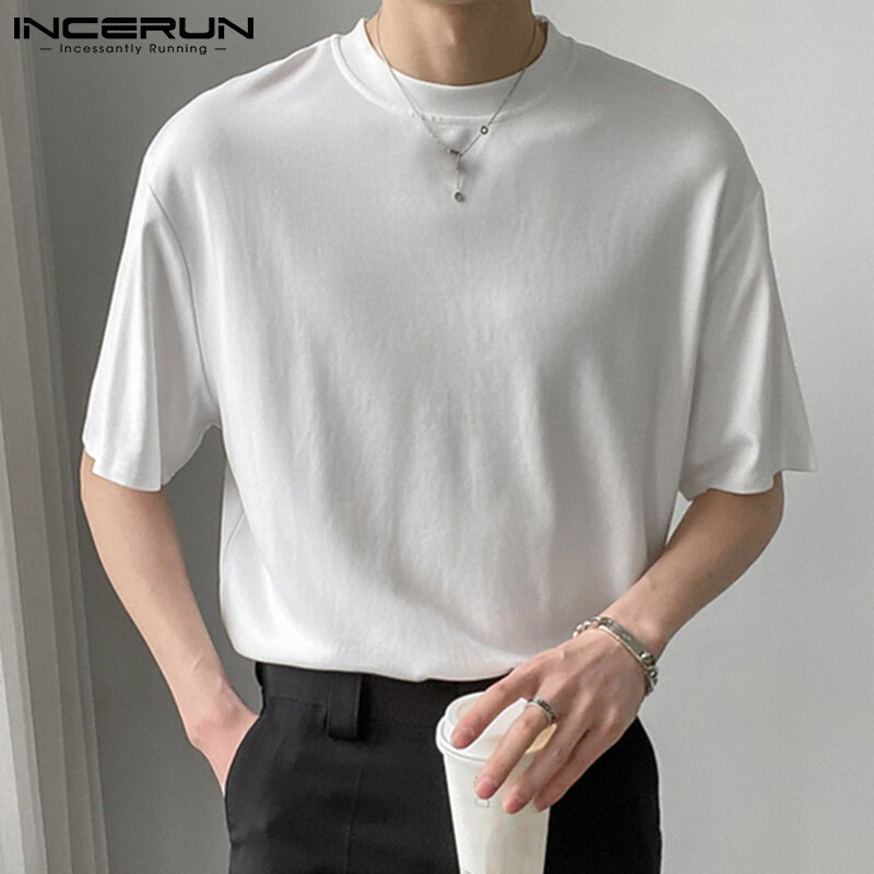 INCERUN Mens Crew Neck Short Sleeve T Shirt Formal Smart Shirt Holiday Fit Blouses (Korean Style)