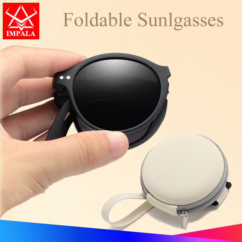 IMPALA QT2010Y Foldable Sunglasses with Luxury Round Case Anti UV Anti Glare Sunglasses for Women UV400 Protection Travel Sunglasses HD Lenses Exquisite Packaging