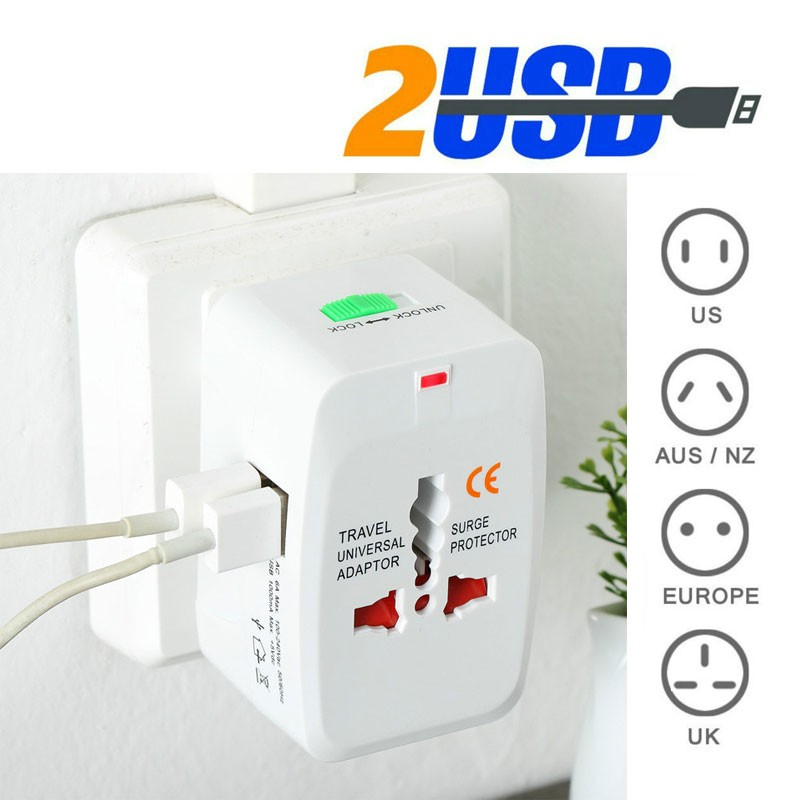 All in One Worldwide Travel Adapter AU UK US EU Power Plug Universal Wall AC100-240v Surge Protected Adaptor Charger with USB Charging Port International Converter Socket White (Dual USB Port)