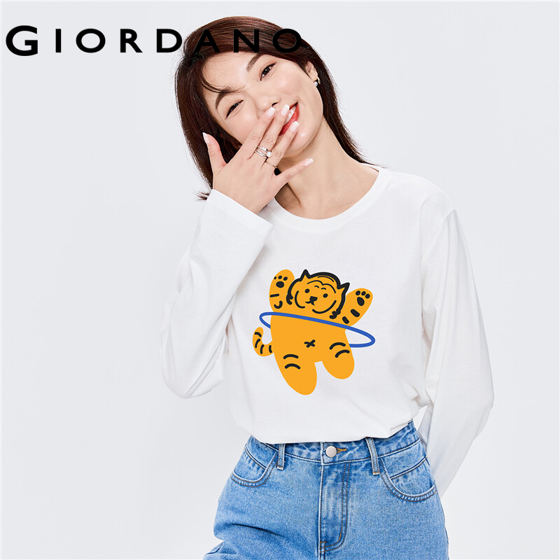 GIORDANO Women ZITA Series T-Shirts Cute Tiger Print 100% Cotton Casual T-Shirts Long Sleeve Spring Fall Simple Tee 99392105