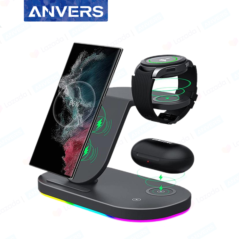 ANVERS 3 in 1 Wireless Charger for Samsung Devices,RGB charging indicator, Android 15W Wireless Fast Charging Station for Samsung Galaxy S22/S22+/S22 Ultra/S21/S20/S10/Note20/Note10, Galaxy Watch 5/4/