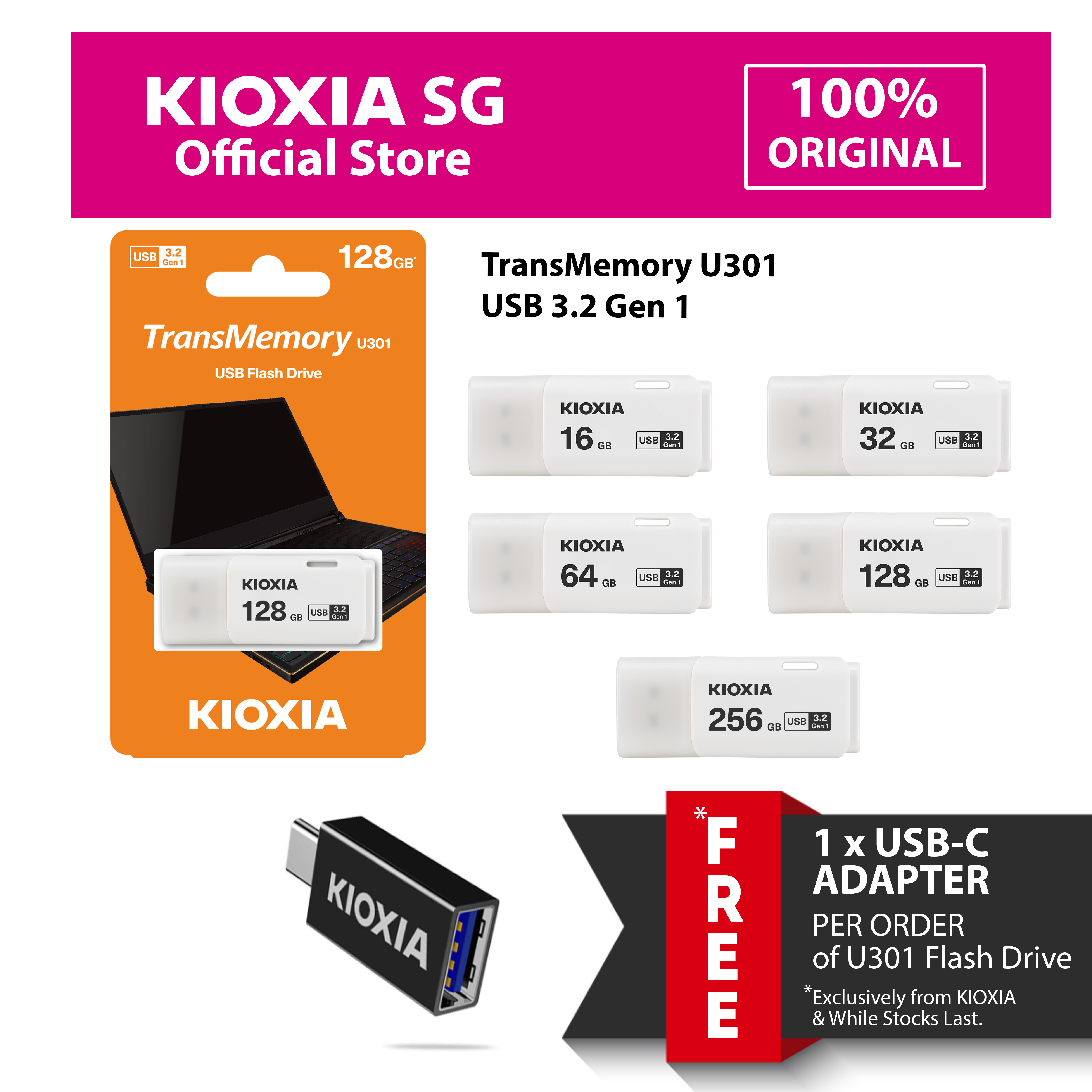 KIOXIA TransMemory U301 USB3.2 Gen 1 Flash Drive in 16GB | 32GB | 64GB | 128GB | 256GB Thumbdrive - from JAPAN **FREE USB-C Adapter Per Order**