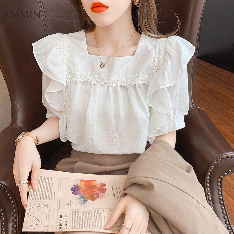 AMMIN Tops 2021 summer new style square neck puff sleeve embroidery hollow lace stitching blouse women's elegant temperament personality design French loose pleated ruffle stitching short style chiffo