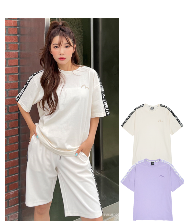 [EVISU KOREA] Overfit TAPE Detail Short-sleeve T-shirt Casual Men Tshirt Women Tee Couple T shirts  Tops  100% Authentic Cotton Korean fashion