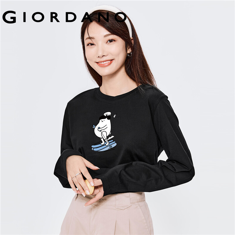 GIORDANO Women WHIKO Series T-Shirts 100% Cotton Cute Print Pattern Casual T-Shirts Long Sleeve Crewneck Simple Tee 99392150