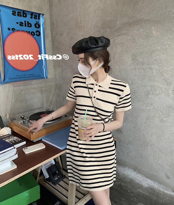 Missliu Fashion Korean Summer New Style Loose Casual Polo Collar Short-sleeved T-shirt Skirt Straight Fashion Striped Dress