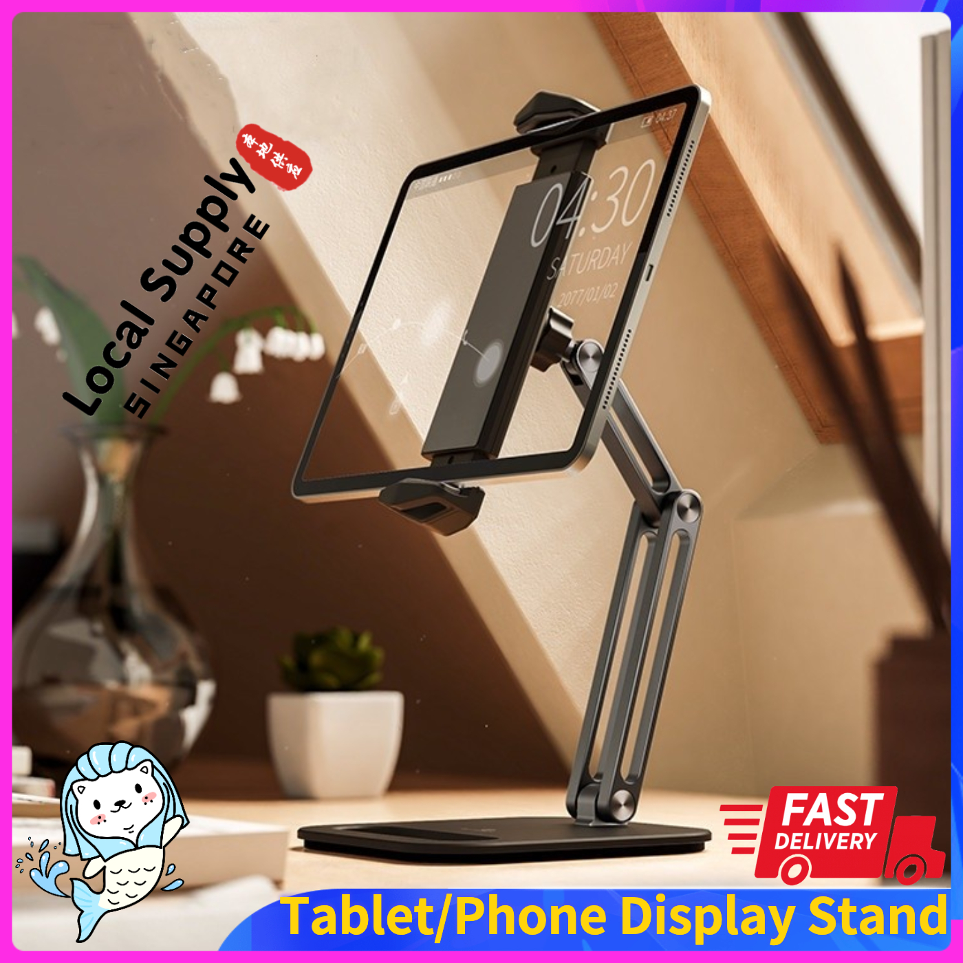 Tablet Stand Phone Adjustable Holder, Aluminium Foldable Tablet Stand 360° Office Home Desk Organizer compatible with iPAD Tablet Kindle iPhone Android Phones. | SG LOCAL STOCK