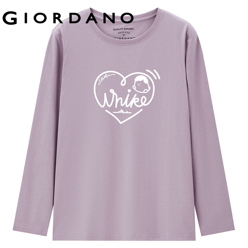 GIORDANO Women WHIKO Series T-Shirts Print Cartoon Pattern 100% Cotton Casaul Tee Long Sleeve Crewneck Simple T-Shirts 99392151