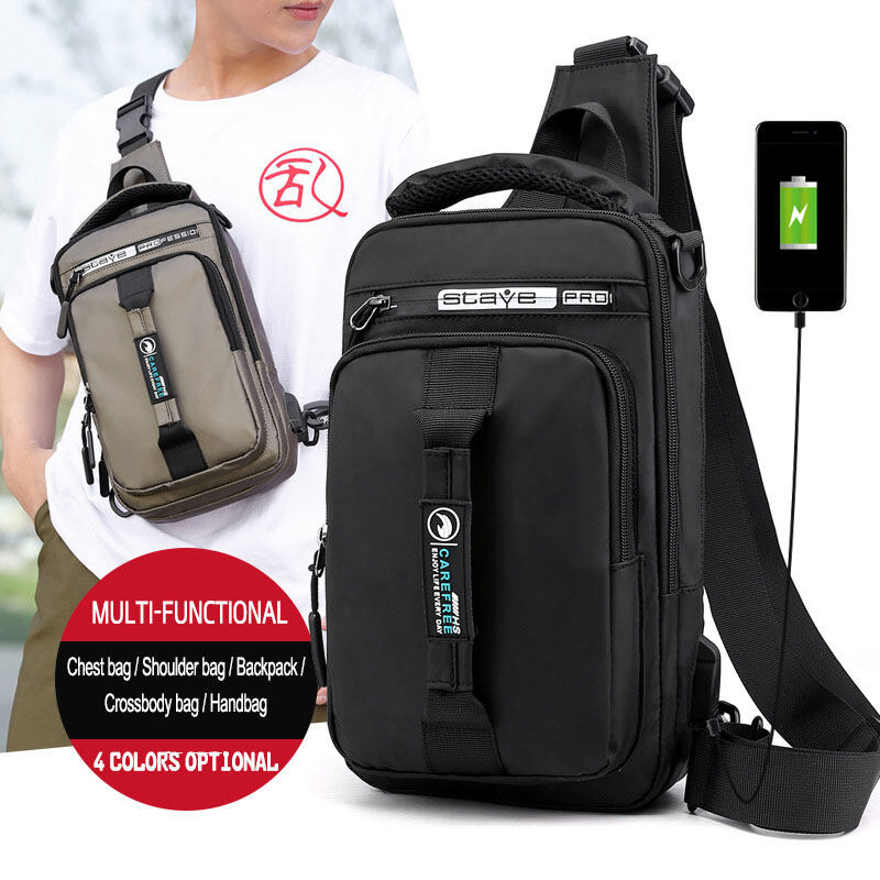 Men's Crossbody Bag Fashion Chest Bag Pack Waterproof Travel Multifunction USB Sling Double Shoulder Messenger Bag