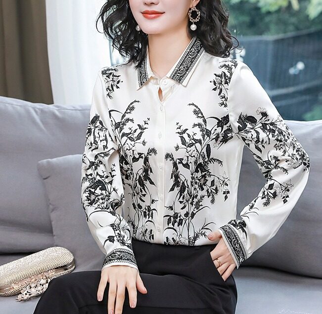 AMMIN Silk Satin Retro Printed Long Sleeve Shirt Women 2021 New Chinese Style Printed Mulberry Silk Top Fashion All-match Blouse