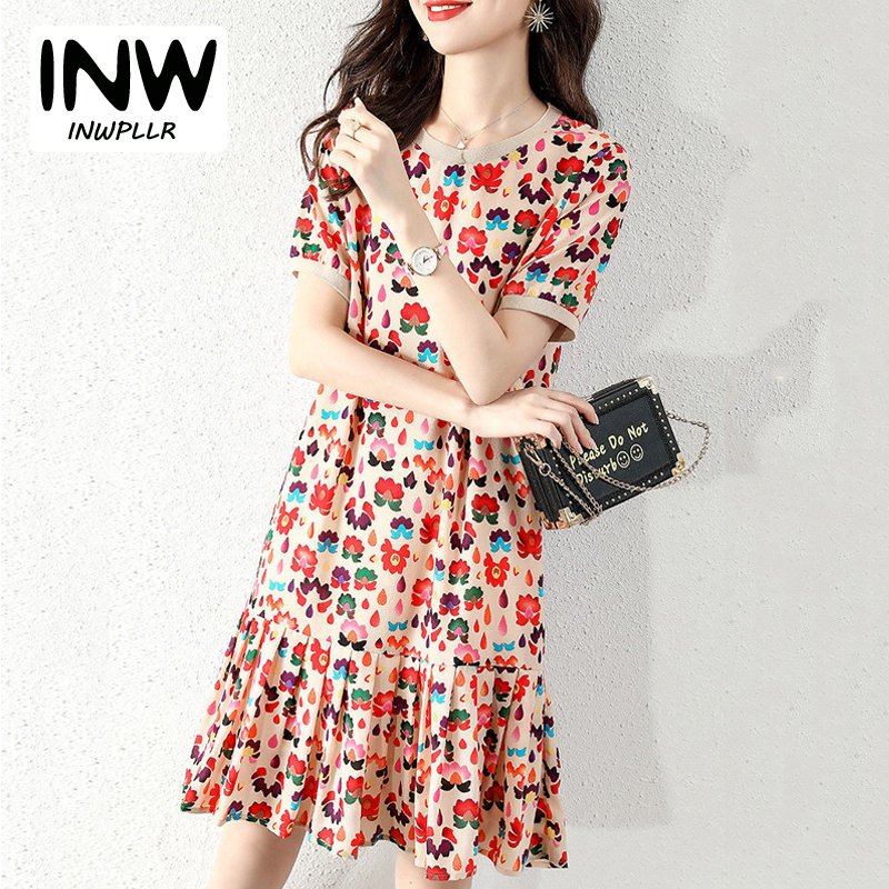 INWPLLR A-line Women Dress Flower Print Dresses Summer Fashion Casual Mid-length Floral Dress For Lady