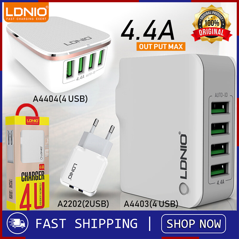 [LDNIO OFFICIAL] LDNIO FAST CHARGING A4403 / A4404 4.4A Quadruple 4 USB Output Port Auto ID USB Charger (UK 3-Pin Plug)A2202 2.4A EU Plug