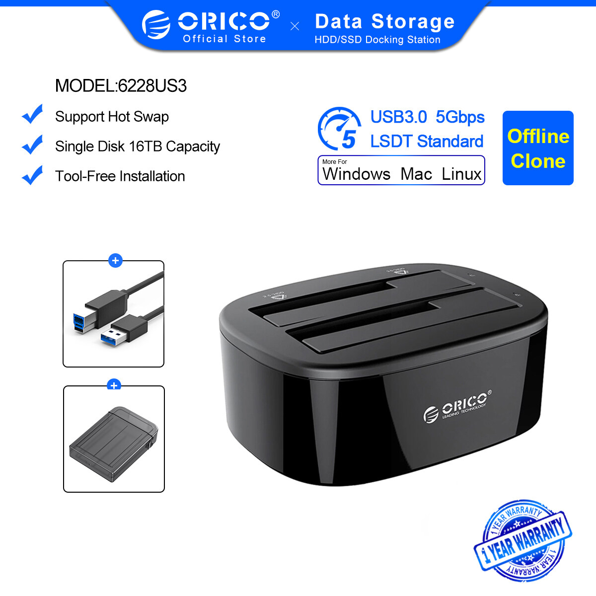 ORICO Hard Drive Docking Station with Offline Clone SATA to USB3.0 Dual-bay 2.5/3.5 Hard Disk Drive Docking Station 1 to 1 Clone(6228US3-C)