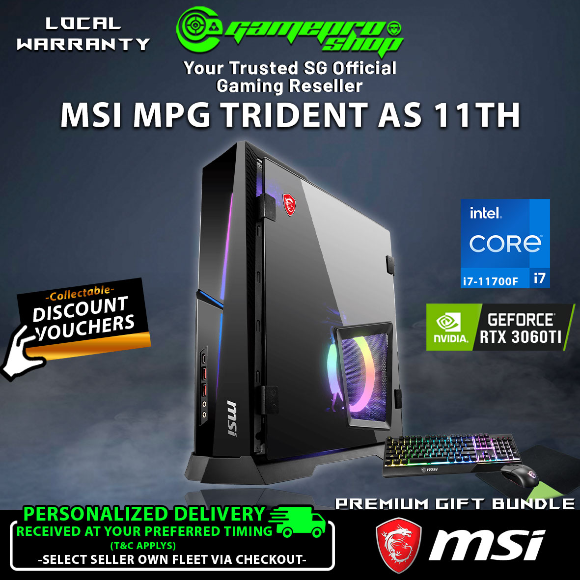 [Free Gifts] NEW MSI MPG Trident AS 11TG-2401SG Gaming Desktop- i7-11700F / 16GB / RTX 3060Ti / W11 / 2Y