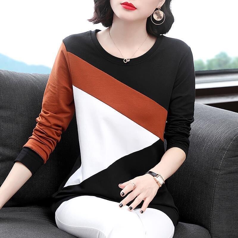 New Women Tshirt Round Neck Autumn Long Sleeve Cotton Geometric Pattern Patchwork Lady Oversized T-shirt Loose Korean Style Splicing Pullover Shirts Top