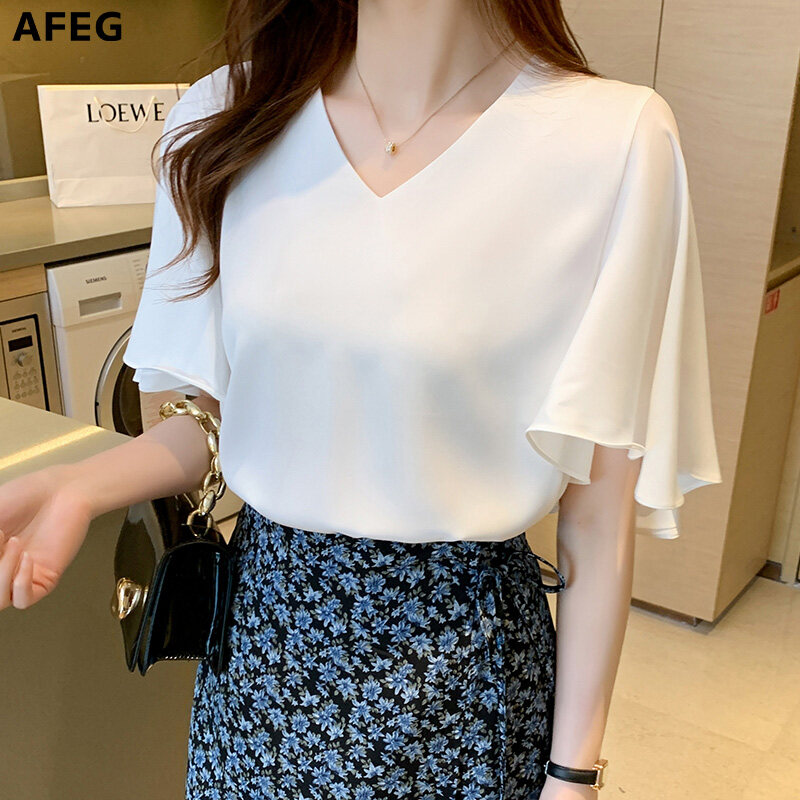 AFEG new Korean style short-sleeved V-neck solid color temperament blouse for women