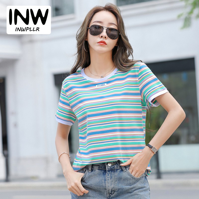 INWPLLR Colorful Striped T-shirts Women Tight Label O-Neck Tops Western Style Short Sleeve Lady Tshirts