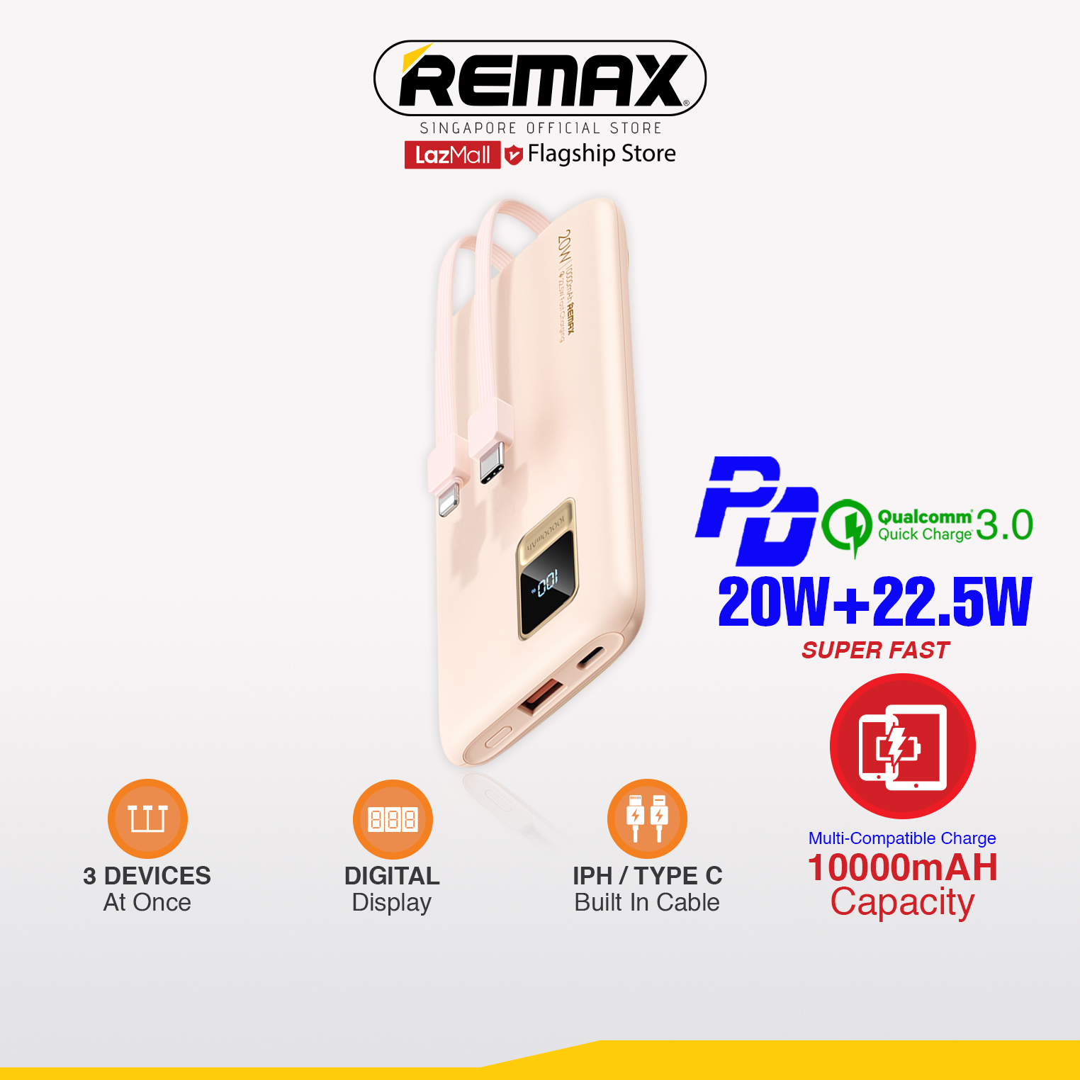 [Remax Energy] RPP-69 Reshe Series 10000mAH 20W+22.5W PD+QC Multi-Compatible Super Fast Charge Straight Boarding Power bank with 2 Built-In Fast Charge Cable