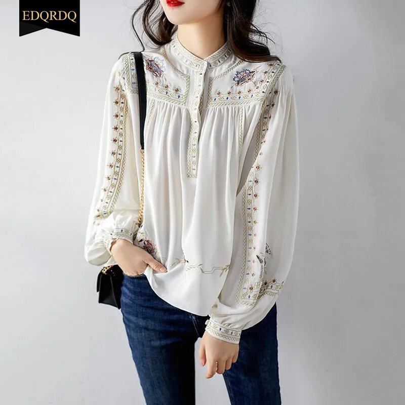 EDQRDQ Floral Bohemian Tops Muslim O Neck Puff Sleeve Elegant Blouses for Women