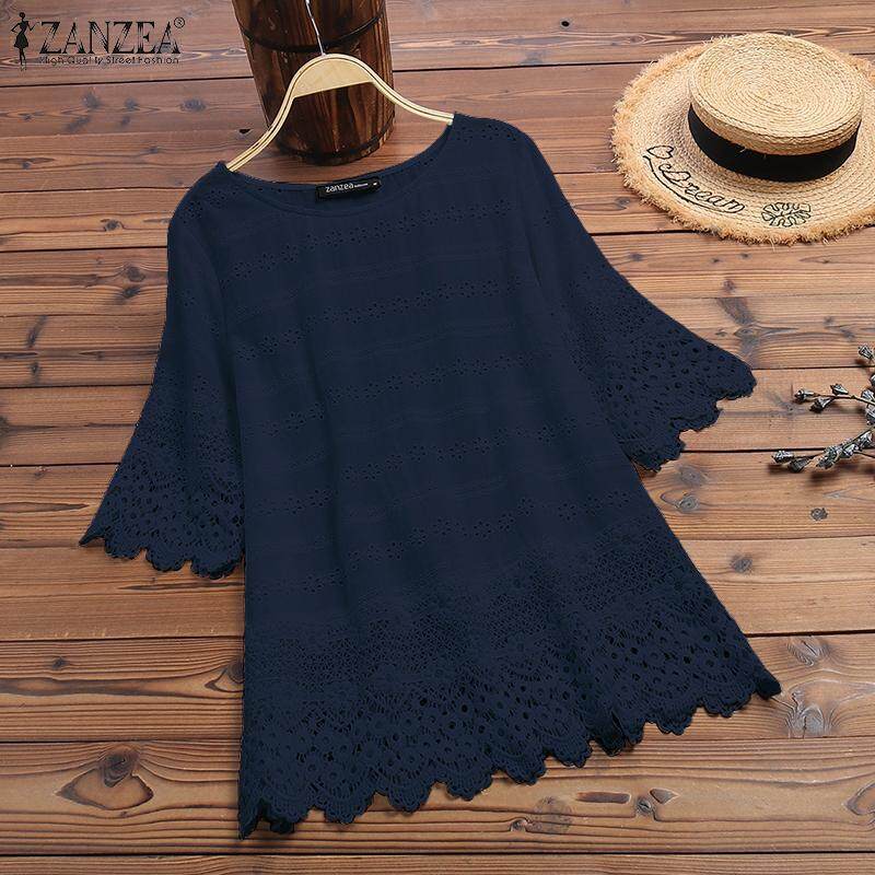 Rulfepy Womens Embroidery Blouse Casual Loose Tops Lace Up Shirts Plus Size ZANZEA