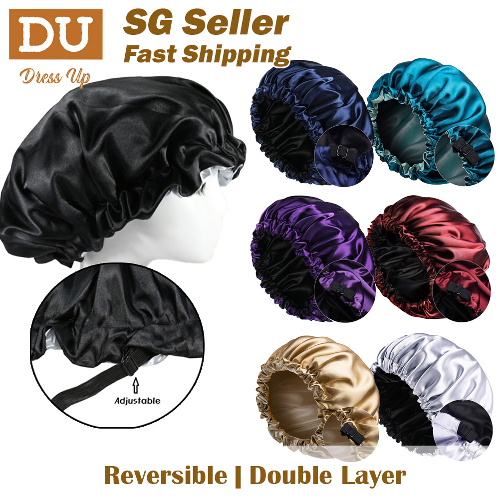 [SG | Large & Smooth] Reversible Silky Satin Bonnet Sleep Bonnet Cap Chemo Sleeping Cap - Double Layer, Adjustable Satin Cap for Sleeping Hair Bonnet