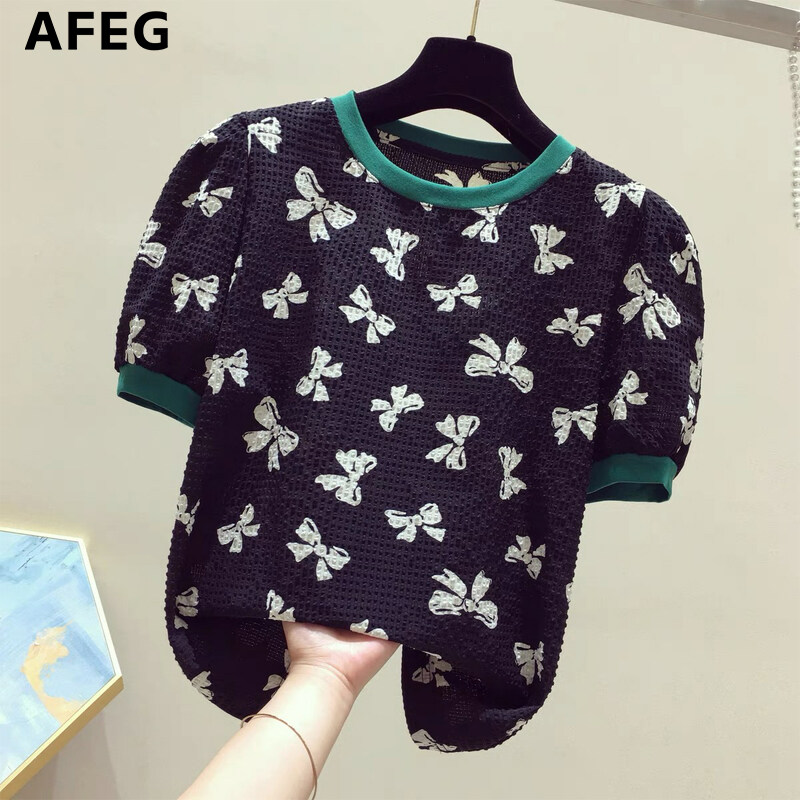 AFEG new Korean version round neck fashion loose all-match bow print chiffon short-sleeved blouse for women