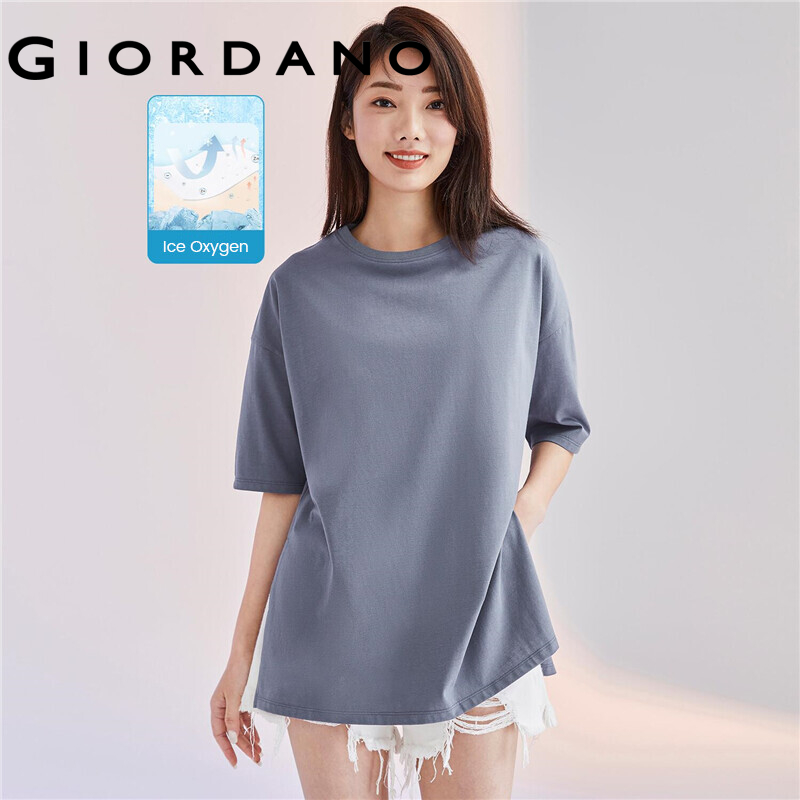 GIORDANO Women T-Shirts High-Tech Ice Oxygen Cooling Effect Summer Tee Double Split Solid Color Casual Simple Basic Tee 05322402