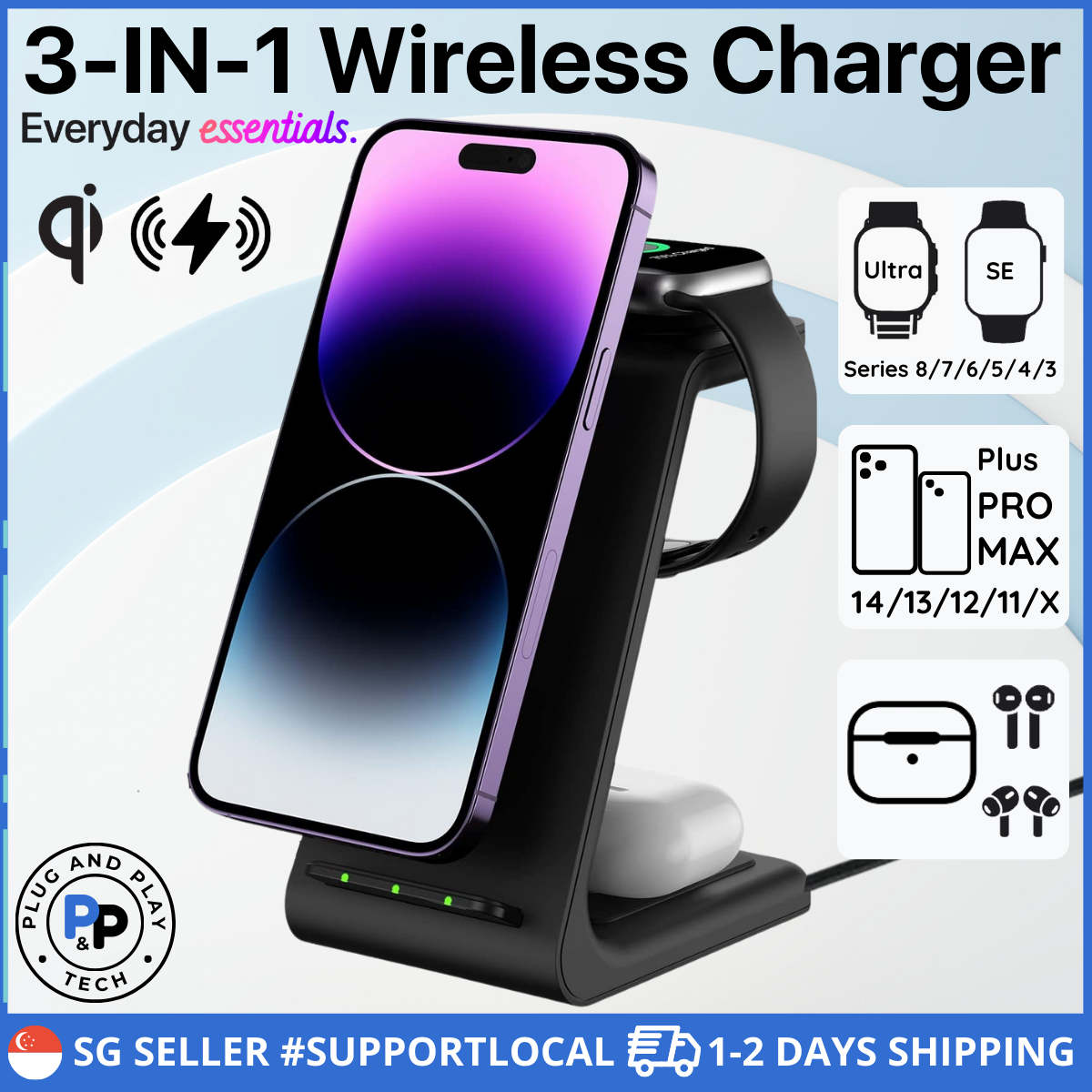 [1-2 DAYS SG SHIPPING!] 3-IN-1 Wireless Charger For iPhone 14/13/12/11 Plus Pro Max Mini AirPods Pro Apple Watch Series 3 4 5 6 7 8 Ultra Charging Dock Station Desktop Dock Qi 15W