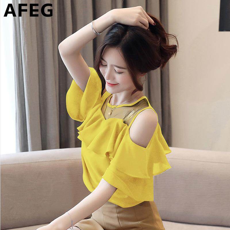 AFEG Summer New Solid Color Korean Round Collar Off Shoulder Camp Ruffle Fashion Loose Elegant Elegant Temperament Mesh Stitching Chiffon Trumpet Short Sleeve Top