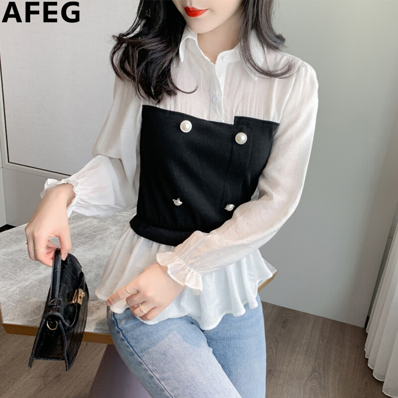 AFEG new Korean style fashion waist slimming long-sleeved blouse for women